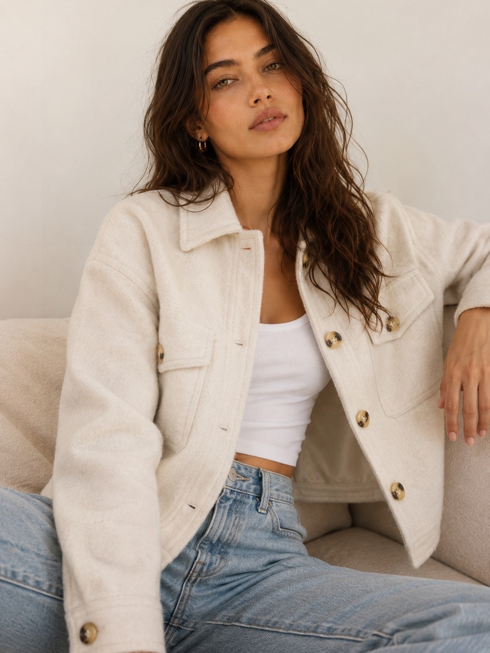 Aritzia Wilfred Free The Autumn  Merino Wool Shirt Jacket Heather Bone XXS